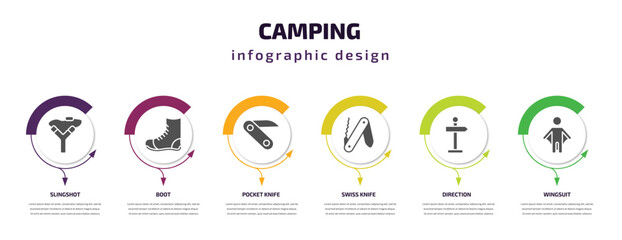 camping infographic element with filled icons and 6 step or option. camping icons such as slingshot, boot, pocket knife, swiss knife, direction, wingsuit vector. can be used for banner, info graph,