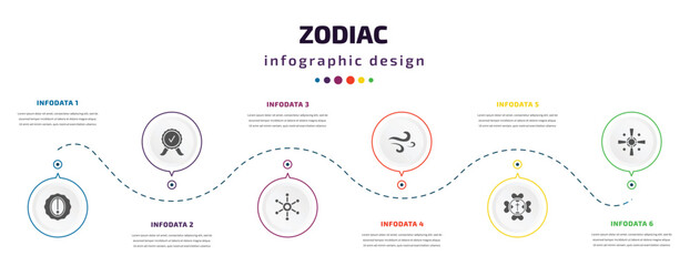 Fototapeta premium zodiac infographic element with filled icons and 6 step or option. zodiac icons such as nitre, standard of quality, gods shield, air, gods protection, soot vector. can be used for banner, info
