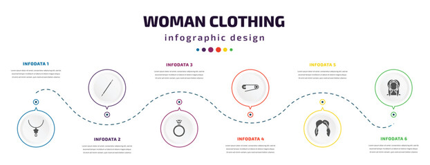 woman clothing infographic element with filled icons and 6 step or option. woman clothing icons such as star pendant, eyes makeup pencils, diamond ring, perdible pin, female long black hair, female