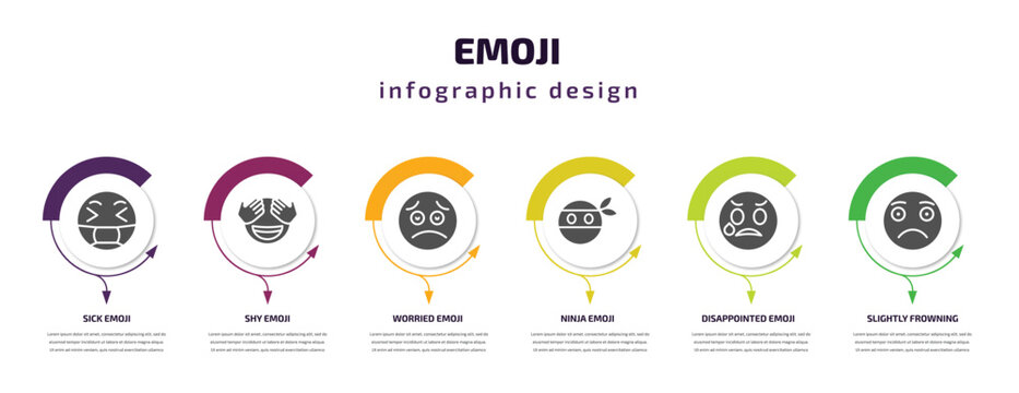 Emoji Infographic Element With Filled Icons And 6 Step Or Option. Emoji Icons Such As Sick Emoji, Shy Worried Ninja Disappointed Slightly Frowning Vector. Can Be Used For Banner, Info Graph, Web.