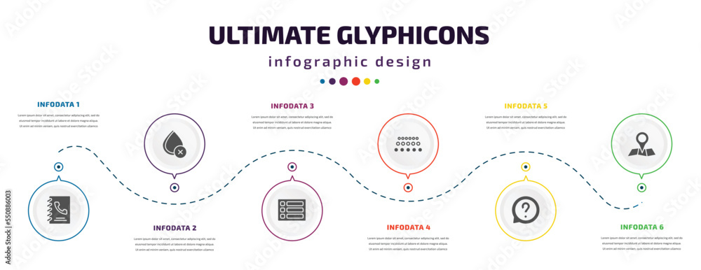 Poster ultimate glyphicons infographic element with filled icons and 6 step or option. ultimate glyphicons 