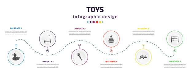 toys infographic element with filled icons and 6 step or option. toys icons such as duck toy, scooter toy, microphone toy, pyramid ladybug abacus vector. can be used for banner, info graph, web.