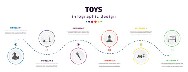 Fototapeta na wymiar toys infographic element with filled icons and 6 step or option. toys icons such as duck toy, scooter toy, microphone toy, pyramid ladybug abacus vector. can be used for banner, info graph, web.