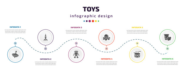 toys infographic element with filled icons and 6 step or option. toys icons such as spinning top toy, rocket toy, robot toy, octopus drum dough vector. can be used for banner, info graph, web.