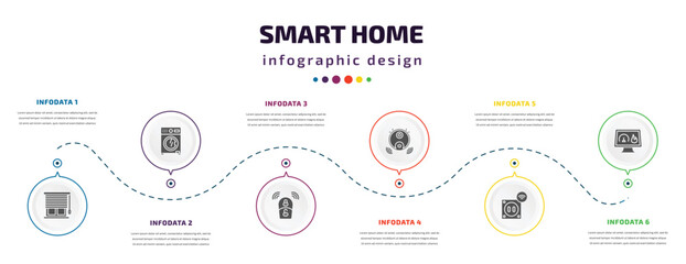 smart home infographic element with filled icons and 6 step or option. smart home icons such as blind, washer hine, smart key, robot vacuum cleaner, plug, meter vector. can be used for banner, info