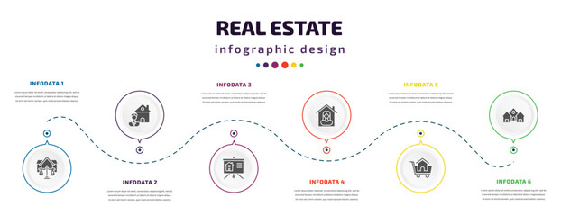 real estate infographic element with filled icons and 6 step or option. real estate icons such as juridical, agent, slides, tenant, shopping, houses vector. can be used for banner, info graph, web.