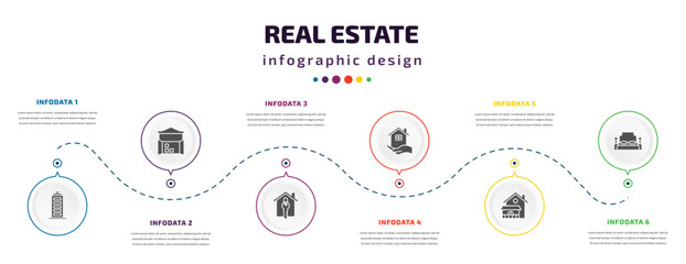 real estate infographic element with filled icons and 6 step or option. real estate icons such as facade, storehouse, house key, real estate, villa, bedroom vector. can be used for banner, info