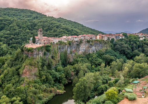 Amazing aerial view on Castellfollit de la Roca, picturesque medieval village in Catalonia Spain
