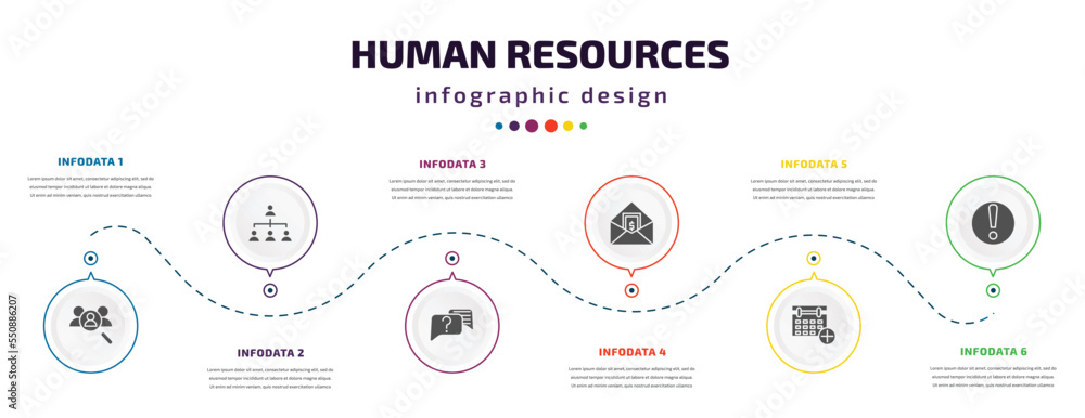 Poster human resources infographic element with filled icons and 6 step or option. human resources icons su