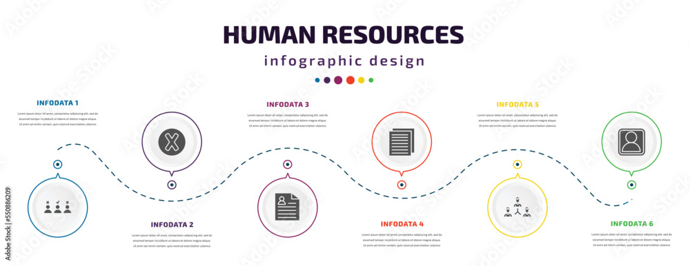 Poster human resources infographic element with filled icons and 6 step or option. human resources icons su