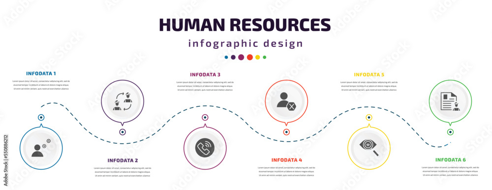 Poster human resources infographic element with filled icons and 6 step or option. human resources icons su
