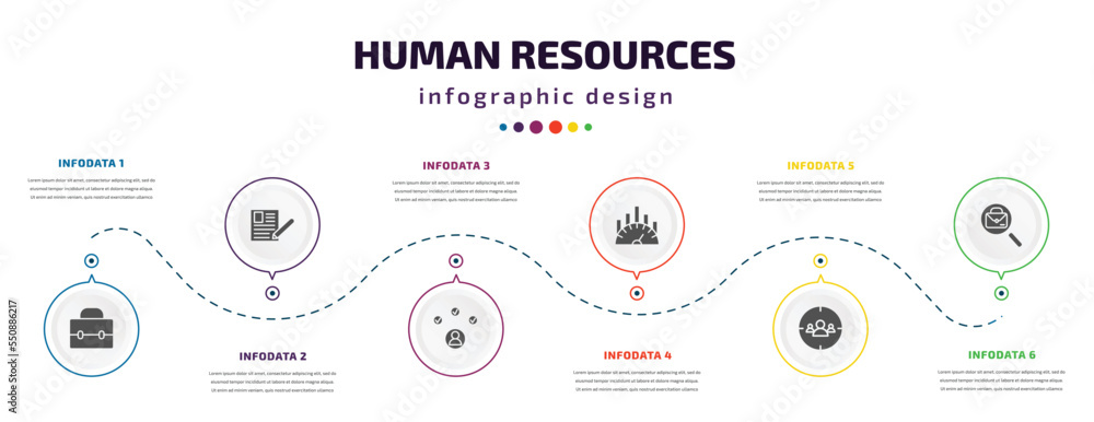 Poster human resources infographic element with filled icons and 6 step or option. human resources icons su