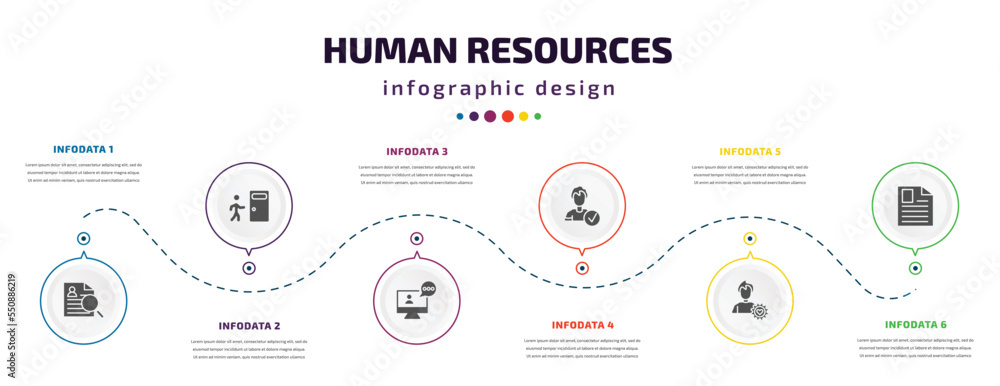 Poster human resources infographic element with filled icons and 6 step or option. human resources icons su