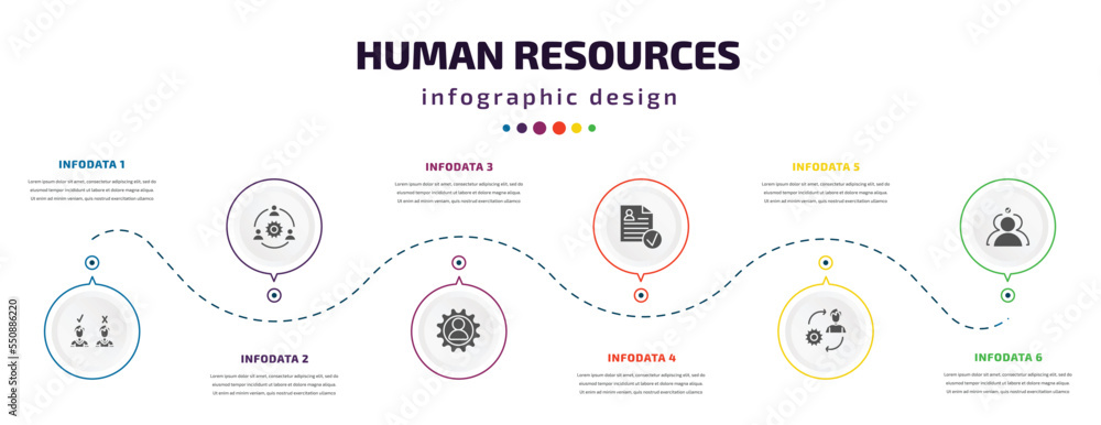 Poster human resources infographic element with filled icons and 6 step or option. human resources icons su