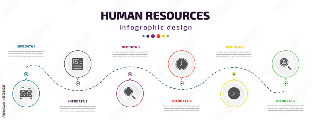 Poster human resources infographic element with filled icons and 6 step or option. human resources icons su
