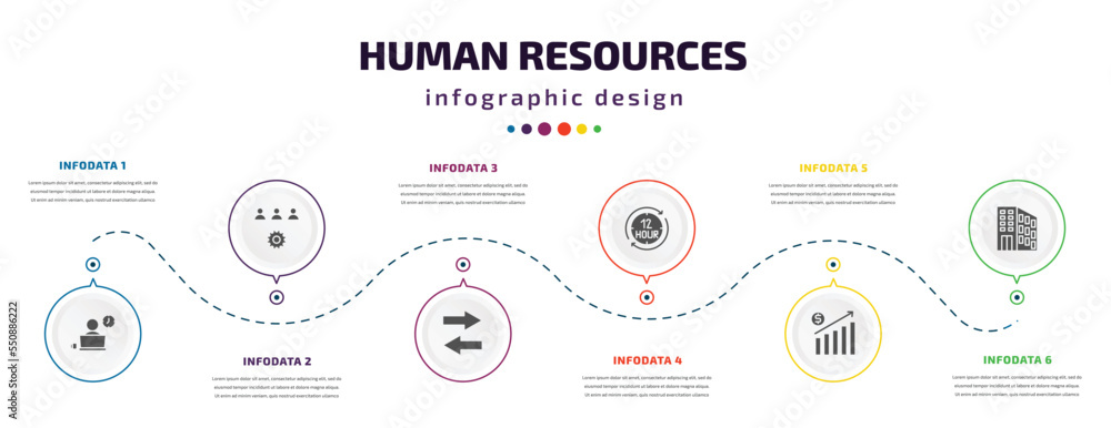 Poster human resources infographic element with filled icons and 6 step or option. human resources icons su