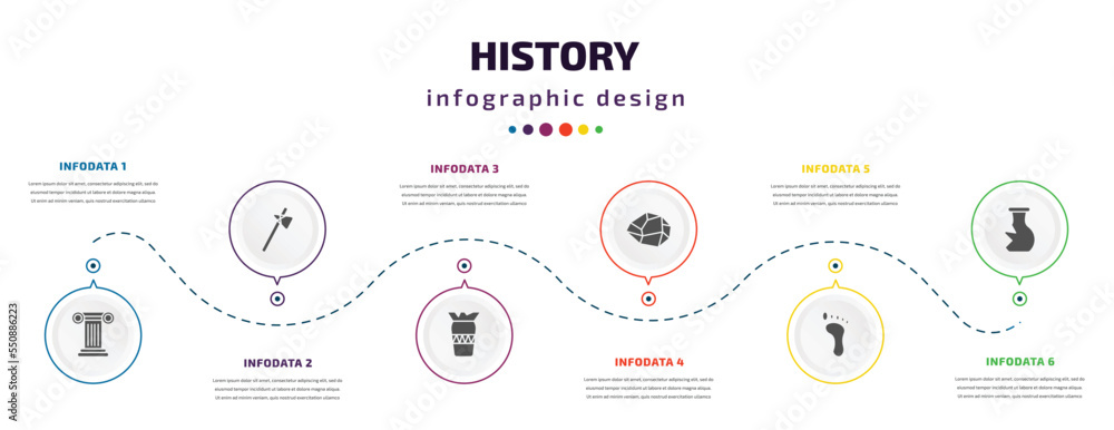 Poster history infographic element with filled icons and 6 step or option. history icons such as column, an
