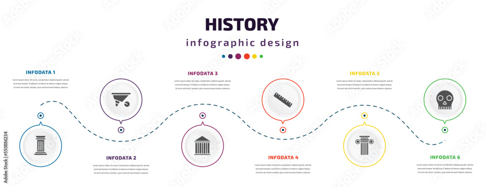 Poster history infographic element with filled icons and 6 step or option. history icons such as columns, w