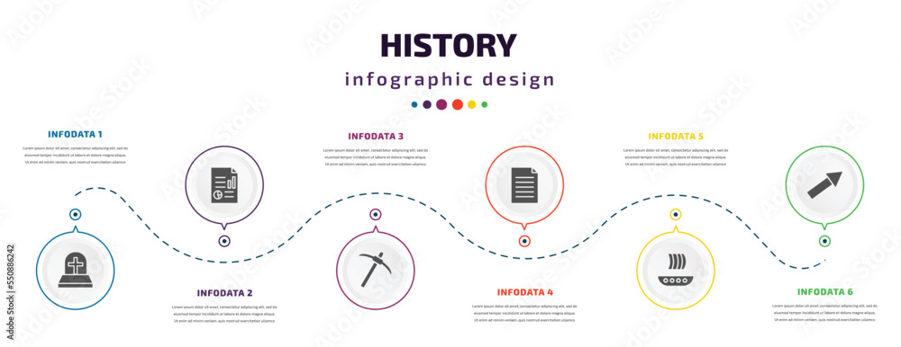 Poster history infographic element with filled icons and 6 step or option. history icons such as tomb, repo