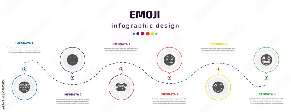 Poster emoji infographic element with filled icons and 6 step or option. emoji icons such as hypnotized emo