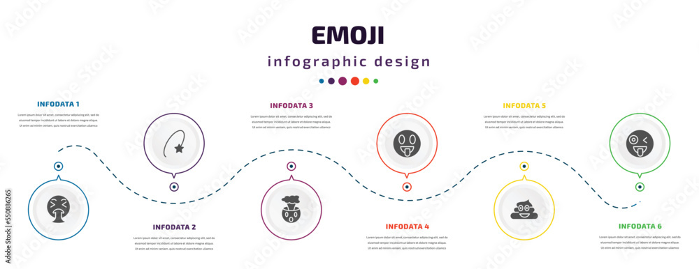 Aufkleber emoji infographic element with filled icons and 6 step or option. emoji icons such as puking emoji, 