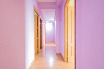 Corridor of a house with access doors to various rooms with laminated flooring, light oak door carpentry and fuchsia walls
