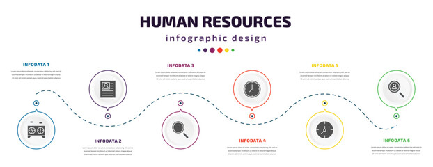 human resources infographic element with filled icons and 6 step or option. human resources icons such as chess clock, personal profile, searching, time, timing, hiring vector. can be used for