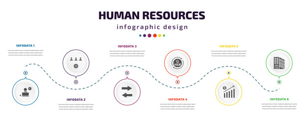 human resources infographic element with filled icons and 6 step or option. human resources icons such as working, onboarding, compare, 12 hours, earnings, office vector. can be used for banner,