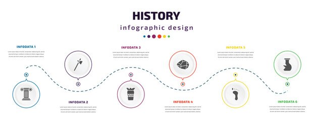 history infographic element with filled icons and 6 step or option. history icons such as column, ancient weapon, ancient jar, stone, footprint, archaeological vector. can be used for banner, info