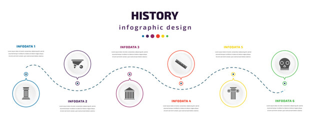 Fototapeta na wymiar history infographic element with filled icons and 6 step or option. history icons such as columns, wheelbarrow, pantheon, ruler, ancient, skull vector. can be used for banner, info graph, web.