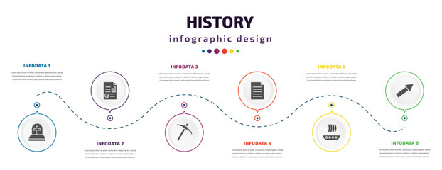 Fototapeta na wymiar history infographic element with filled icons and 6 step or option. history icons such as tomb, report, pick, paper, viking ship, arrow vector. can be used for banner, info graph, web.