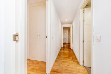 Housing distributor corridor with French oak parquet flooring and white lacquered doors, cabinets...
