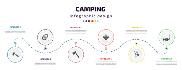 camping infographic element with filled icons and 6 step or option. camping icons such as axe, rope, hatchet, explorer hat, tree, fishing vector. can be used for banner, info graph, web.