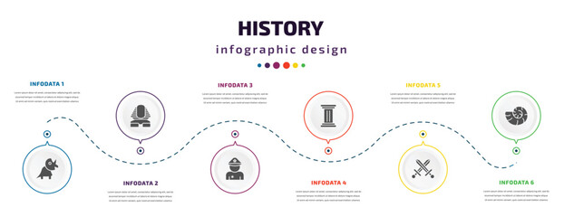 Fototapeta na wymiar history infographic element with filled icons and 6 step or option. history icons such as diaur, sphinx, policeman, pillars, swords, fossil vector. can be used for banner, info graph, web.