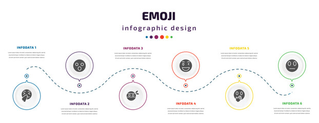 Fototapeta na wymiar emoji infographic element with filled icons and 6 step or option. emoji icons such as sneezing emoji, surprised ninja wink hand over mouth suspicious vector. can be used for banner, info graph, web.