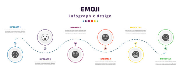 Fototapeta na wymiar emoji infographic element with filled icons and 6 step or option. emoji icons such as exhausted emoji, surprise thinking nauseated nervous secret vector. can be used for banner, info graph, web.