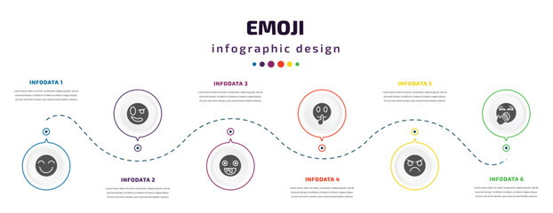 Naklejka premium emoji infographic element with filled icons and 6 step or option. emoji icons such as grinning emoji, proud stupid shushing pouting yawning vector. can be used for banner, info graph, web.