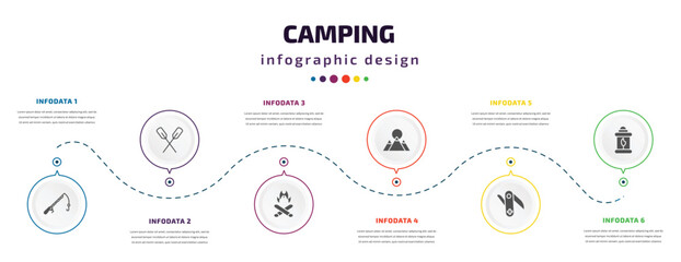 Fototapeta na wymiar camping infographic element with filled icons and 6 step or option. camping icons such as fishing rod, oar, campfire, mountain, swiss army knife, fire lamp vector. can be used for banner, info