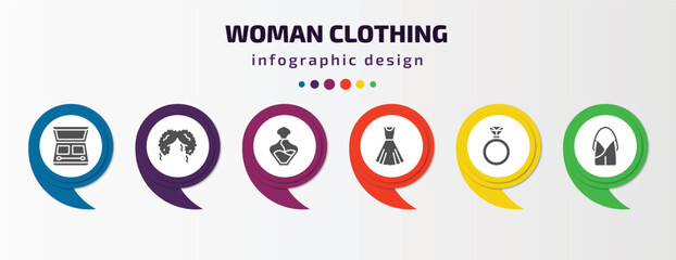 woman clothing infographic element with filled icons and 6 step or option. woman clothing icons such as eyes shades makeup, curling hair, perfume, vintage dress, diamond ring, hobo shoulder bag