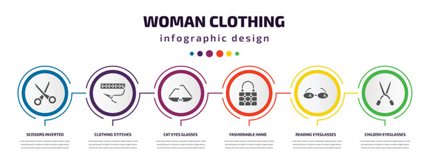 woman clothing infographic element with filled icons and 6 step or option. woman clothing icons such as scissors inverted view, clothing stitches, cat eyes glasses, fashionable hand bag, reading