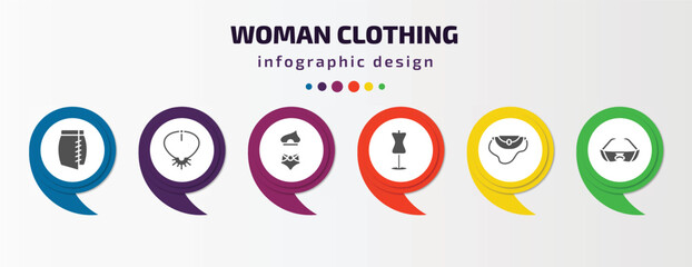woman clothing infographic element with filled icons and 6 step or option. woman clothing icons such as skirt black short, necklace, bikini, couture mannequin, handbag elegant, glasses for eyes