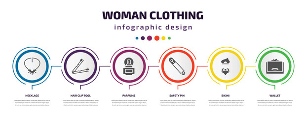 woman clothing infographic element with filled icons and 6 step or option. woman clothing icons such as necklace, hair clip tool, parfume, safety pin, bikini, wallet vector. can be used for banner,