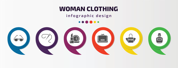 woman clothing infographic element with filled icons and 6 step or option. woman clothing icons such as round eyeglasses, needle, makeup, wallet, female black handbag, parfum vector. can be used for