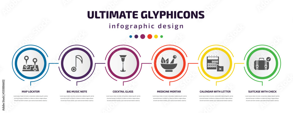 Poster ultimate glyphicons infographic element with filled icons and 6 step or option. ultimate glyphicons 