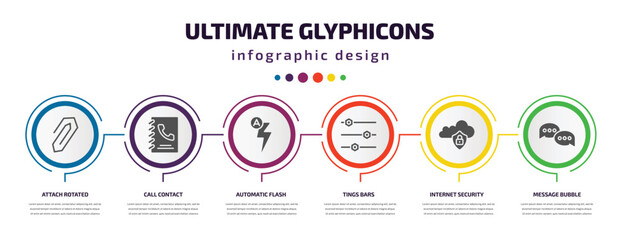 ultimate glyphicons infographic element with filled icons and 6 step or option. ultimate glyphicons icons such as attach rotated, call contact, automatic flash, tings bars, internet security,