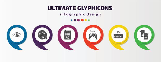 ultimate glyphicons infographic element with filled icons and 6 step or option. ultimate glyphicons icons such as private eye, phone connection, exclamation file, game controller cross, wireless
