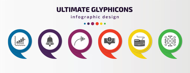 ultimate glyphicons infographic element with filled icons and 6 step or option. ultimate glyphicons icons such as upload arrow with bar, alarm bell, turn right, error message, computer keyboard, dot