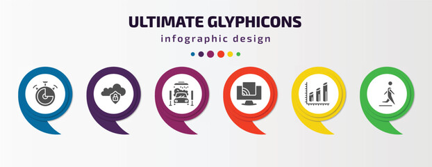 ultimate glyphicons infographic element with filled icons and 6 step or option. ultimate glyphicons icons such as time almost full, internet security, car wash, tv wireless connection, three bars