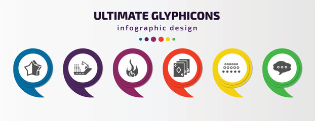 ultimate glyphicons infographic element with filled icons and 6 step or option. ultimate glyphicons icons such as half star full, cargo boat, round flame, three cards, big and small dots, message