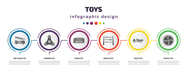 toys infographic element with filled icons and 6 step or option. toys icons such as fire truck toy, spinner toy, piano toy, abacus truck puzzle vector. can be used for banner, info graph, web.